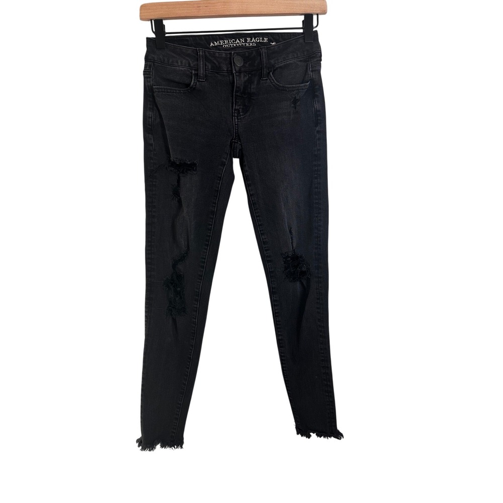 American Eagle Super Stretch X Skinny Jeans Black Distressed Ripped Frayed Hem 0